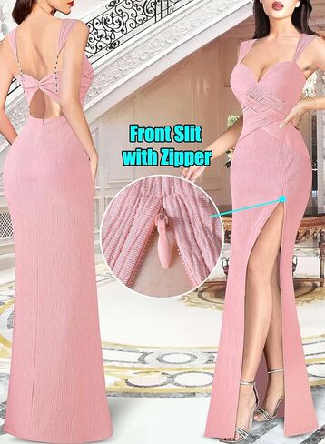 فستان VFSHOW نسائي رسمي للحفلات الراقصة مثير بفتحة رقبة على شكل قلب بدون ظهر مكشكش فستان ماكسي 2024 مجعد بحزام عريض فتحة عالية ثوب مسائي in Kuwait