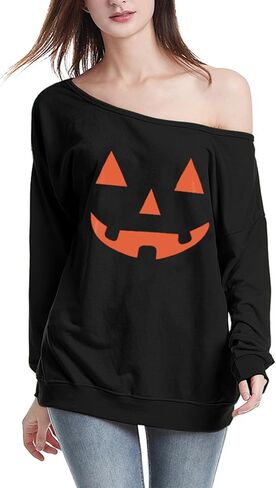 Jack O' Lantern Pumpkin Face Ladies' T-Shirt Halloween Costume Fun Sweatshirt Off Shoulde in Saudi Arabia
