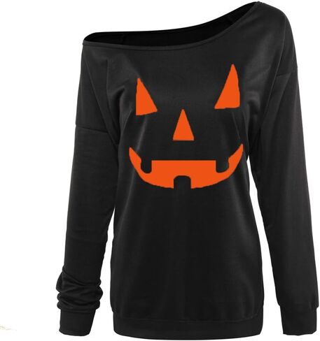 Jack O' Lantern Pumpkin Face Ladies' T-Shirt Halloween Costume Fun Sweatshirt Off Shoulde in Saudi Arabia