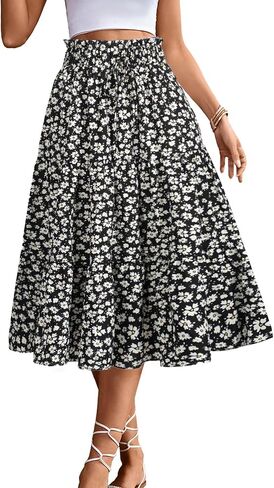 BARASA Summer Women's Midi Skirts Boho High Elastic Waist Fake Drawstring Floral Print A line Casual Cute Skirt D626 in Saudi Arabia