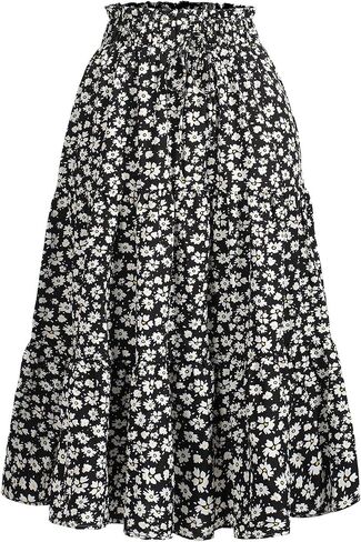 BARASA Summer Women's Midi Skirts Boho High Elastic Waist Fake Drawstring Floral Print A line Casual Cute Skirt D626 in Saudi Arabia