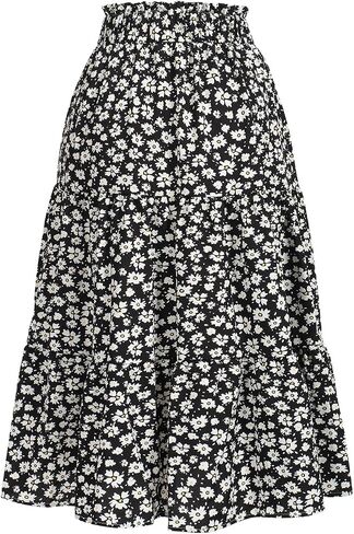 BARASA Summer Women's Midi Skirts Boho High Elastic Waist Fake Drawstring Floral Print A line Casual Cute Skirt D626 in Saudi Arabia