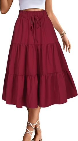 BARASA Summer Women's Midi Skirts Boho High Elastic Waist Fake Drawstring Floral Print A line Casual Cute Skirt D626 in Saudi Arabia