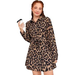 WDIRARA Girl's Leopard Print Tie Front Collared Long Sleeve Belted Button Up Shirt Dress