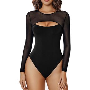 Avidlove Womens Sheer Bodysuit Double Lined Long Sleeve Bodysuits Round Neck Shirt Going Out Tops for Women Black M