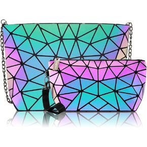 Small Clutch Purses for women Daily Use Geometric Purse for Women Geometric Luminous Purses and Shoulder bags Geometric Bags and Holographic crossbody bag SET-A