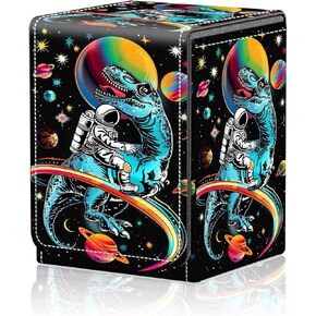 Card Deck Box for MTG Trading Cards, Magic Card Box Can Hold 110+ Single Sleeved Cards, Waterproof PU Leather Material, Strong Magnetic Buckle Card Set Box Suitable for TCG CCG, Astronaut Dinosaur