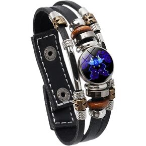 Aonklot Zodiac Leather Bracelet Multilayer Constellation Bracelet Handmade Braided Zodiac Sign Wrap Bracelet for Men Black Punk Leather Bracelets