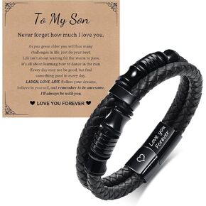 Leather Bracelet for Men, Braided Leather Cuff Stainless Steel Jewelry, Engraved with Love You Forever Gifts for Son