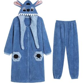 Brrioe Women's Cute Robe Button Bathrobe - Hooded Plush Sleepwear with Kawaii Pattern and trousers Sets