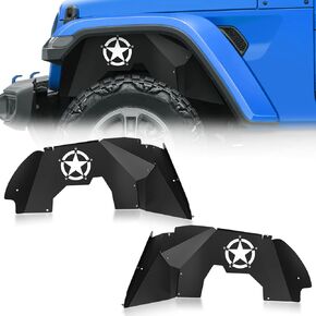 for JT JL Front Inner Fender Liners Compatible with 2018-2024 Jeep Gladiator JT & Wrangler JL JLU 2/4 Doors, White Star Logo Wheel Well Liners Mud Guards Steel Fender Flares Cover (2 PCS)