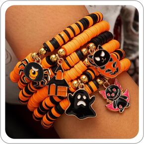 Halloween Beaded Bracelets Set for Women Bat Cobweb Boo Ghost Devil's Eye Skeleton Charms Heishi Bracelet Stack Bead Stretch Bracelets Halloween Jewelry Costume Accessories