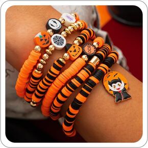 Halloween Beaded Bracelets Set for Women Bat Cobweb Boo Ghost Devil's Eye Skeleton Charms Heishi Bracelet Stack Bead Stretch Bracelets Halloween Jewelry Costume Accessories