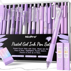 Nicpro 22 PCS Pastel Gel Ink Pen Set,12 Black Ink Pens with 2 Pack Highlighters and 2 Pack Mechanical Pencil 0.5 0.7mm, Retractable 0.5mm Fine Point Note Taking Pens for School Office (Brown)