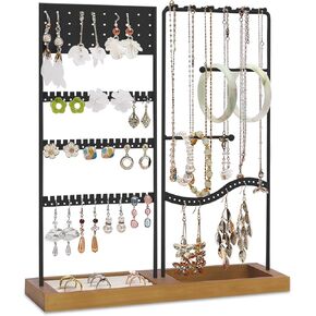 MOSISO Jewelry Stand, 4-Tier Earring Holder Organizer with 114 Holes, 12 Hooks Necklace Organizer, Jewelry Organizer Holder with Removable Wooden Tray for Necklace, Earring, Bracelet, Rings, Black