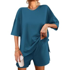 Ekouaer Pajamas for Women Set 2 Piece PJ Soft Cotton Lounge Sets Short Sleeve Tops Shorts SetsOversized Tracksuit S-XXL