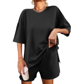 Ekouaer Pajamas for Women Set 2 Piece PJ Soft Cotton Lounge Sets Short Sleeve Tops Shorts SetsOversized Tracksuit S-XXL