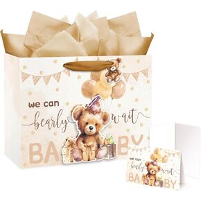 16" Large Baby Boy Girl Gift Bag, 3D Making Bear Baby Gift Bag with Handle, Tissue Paper and Greeting Card