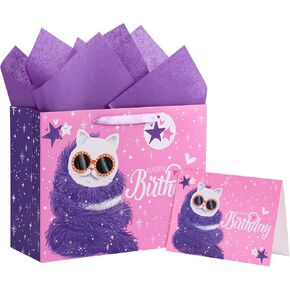 WRAPAHOLIC 13" Large Birthday Gift Bag with Card and Tissue Paper - Cool Cat and Happy Birthday