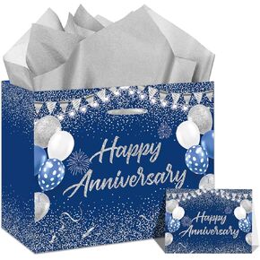 Blue Silver Anniversary Party Gift Bag with Tissue Papers and Card, Wedding Anniversary Paper Gift Wrapping Paper Bag11.8'' for Men Women Anniversary Party, Wedding Anniversary Party Supplies