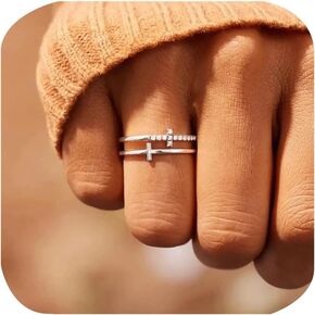 Double Cross Ring 18k Gold Plated 925 Sterling Silver Cubic Zirconia Simple Plain Stackable Statement Promise Rings Inspiration Christian Ring Faith Hope Love Cross Religious Ring Gift (Silver 9#)