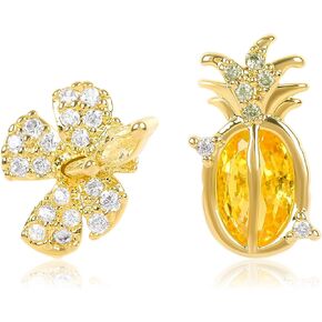 Fun Cubic Zirconia Pineapple Earrings for Women 14K Gold Plated CZ Flower Pineapple Stud Earrings Dangle Yellow Crystal Tropical Fruit Hoop Statement Earrings Summer Beach Party Trendy Jewelry Gifts