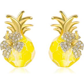 Fun Cubic Zirconia Pineapple Earrings for Women 14K Gold Plated CZ Flower Pineapple Stud Earrings Dangle Yellow Crystal Tropical Fruit Hoop Statement Earrings Summer Beach Party Trendy Jewelry Gifts