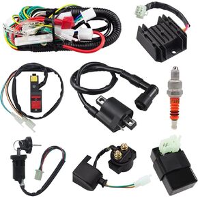 Complete Wiring Harness CDI Ignition Coil Solenoid Relay Spark Plug Kits Replacement Parts Fit for Most 150CC 200CC 250CC Chinese Made ATV Go Kart Quad 4 Wheeler Dirt Pit Bikes. (Set of 8).
