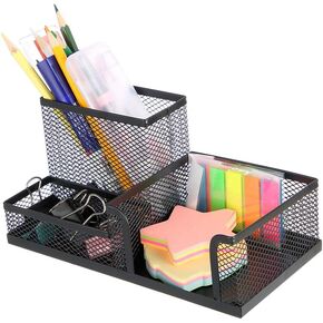 Pen Holder Mesh Metal Pencil Holder Desk Organizers Black for Desk Office with 3 Compartments Pencil Holders