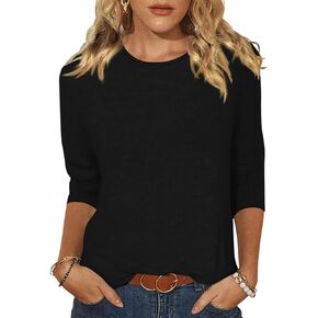 Womens 3/4 Length Sleeve Tops Crew Neck Basic Tees Shirts Casual Loose Fit Blouses