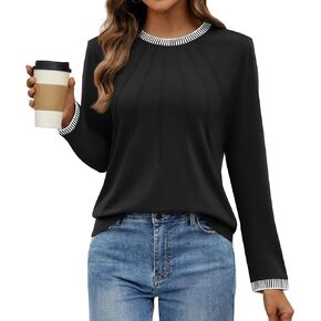 ZESICA Long Sleeve Shirts for Women Striped Color Block Crewneck Tshirts 2024 Fall Pleated Trendy Tops