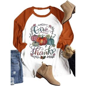 Women Give Thanks Pumpkin Letter Print T-Shirt Thanksgiving Baseball 3/4 Sleeve Top
