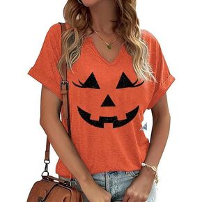 V Neck Fall Shirts for Women Pumpkin Graphic T Shirts Cute Halloween Tops Thanksgiving Tee