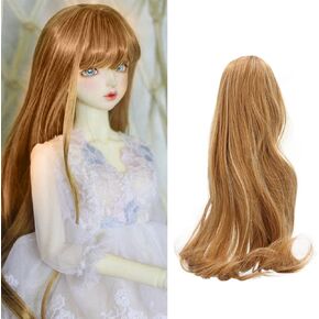 Jeanoko Wig Doll Replacement, Long Curly BJD Doll Hair Wig Soft High Temperature Silk Mesh Long Curly with Bangs 1/3 Linen Color Doll DIY Making Supplies