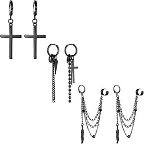 Cupimatch 3 Pairs Hoop Dangle Earrings Stainless Steel Huggie Hinged Chain Feather Cross Pendant Hoop Earrings