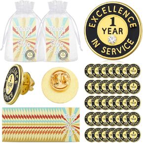 50 Sets 1 Year Of Service Lapel Pin Gift Set Employee Appreciation Gifts Bulk 1 Year Service Lapel Pins and Appreciation Cards with Bags for Employees Anniversary Staff Christmas Gifts