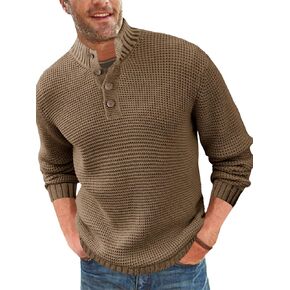 Runcati Mens Pullover Sweater Waffle Knitted Quarter Button Sweater Stand Collar Casual Henley Sweaters