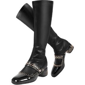 Women Elegant Rivet Knee High Boots Square Toe Zipper Bling Studded Dress Boots Sparkle Block Heel Tall Boots