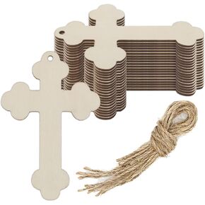 20pcs Cross Wood DIY Crafts Cutouts Wooden Cross Shaped Hanging Ornaments with Hole Hemp Ropes Wood Tags for Easter Birthday Party Decorations