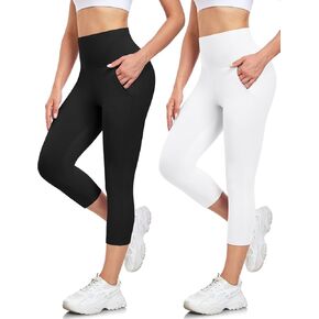 2 Pack Capri Leggings for Women with Pockets - High Waisted Tummy Control No See Through Workout Soft Yoga Pants