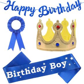 Mozeat Lens 4 Pcs Birthday King Crown Birthday Sash Button Pins Birthday Boy Party Decorations Supplies Set Party Dress-Up Set for Boys Birthday Theme Dress Photo Props