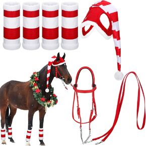 6 Pcs Christmas Horse Accessory Xmas Santa Elf Horse Hat Christmas Santa Horse Leg Wrap with Faux Fur Trim Adjustable Nylon Horse Halter Santa Halter for Christmas Horse Costume Accessories