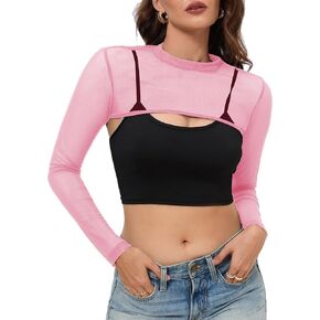spxidacx Women's Mesh Crop Tops Mock Neck Long Sleeve Sheer Blouse Slim Fit See Through Sexy Tee Shirt Clubwear