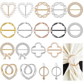 Juexica 18 Pcs T-Shirt Clips Ties for Women Scarf Ring Clips Waist Round Metal Alloy Scarf Buckle with Rhinestone and Pearl Knot Ring