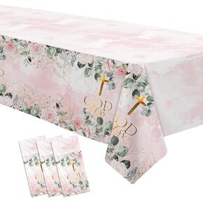 God Bless Baptism Decorations Tablecloth Girls - First Communion Decorations Party Table Cover, Pink Christening Celebration Baby Shower Religious Table Cloth, 3 Pack (54in x 108in)