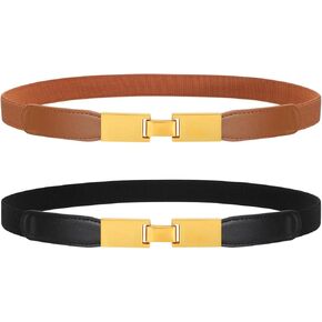 WERFORU 2 Pack Women Skinny Elastic Waist Belt Gold Silver Buckle Stretchy Thin Belt for Jeans Dress 0.98" Width