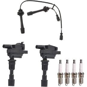 ENA Set of 2 Ignition Coil Pack 4 Platinum Spark Plug and 2 Wire Set Compatible with Mazda 2001 2002 2003 Protege, 02 03 Protege5 2.0 Replacement for UF407 AP3924 5420 C1340 C637 GN10301