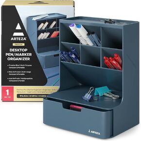 ARTEZA Desktop Pen and Marker Organizer, 6-Compartment Blue Pen Holder for Desk with Stationery Drawer, 5.43in x 7.09in x 9.33in, Makeup Organizer