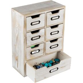 MyGift Apothecary Wood Desk Drawer, 7 Drawers Shabby Chic White Washed Solid Wooden Office Desktop Organizer with Vintage Label Holders, Flow Table Storage for Desk, Console, or Vanity
