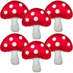 6 PCS Mushroom Balloons with Red & White Polka Dots, Forest/Garden Party Theme Party Decor, Cute Mushroom Birthday Decor, 31 X 21 in Large Mushroom Foil Balloons for Party Decorations